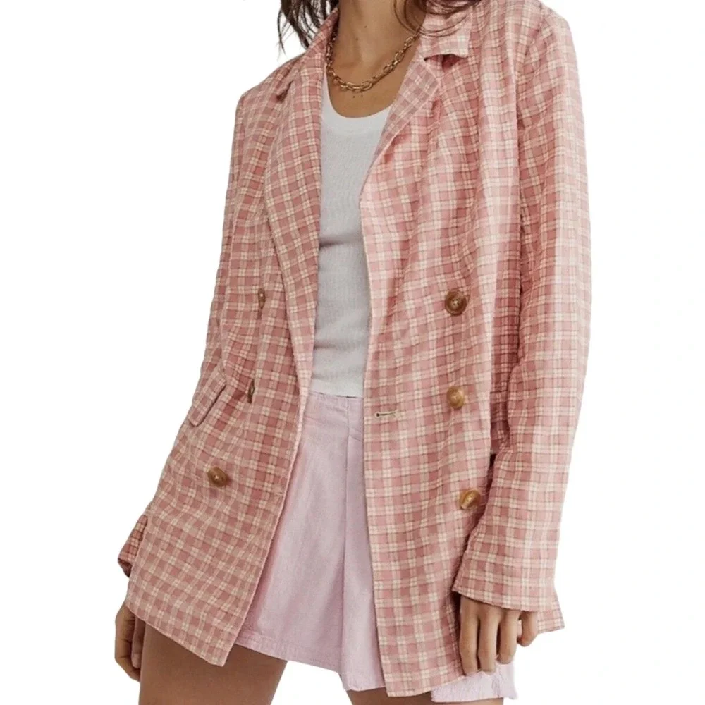 Free People Gingham‎ Blazer Womens M Pink Plaid Relaxed Cottagecore Boho Jacket